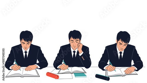 Three young businessmen in suits sitting at a table and diligently studying or taking an exam with pens and notebooks.