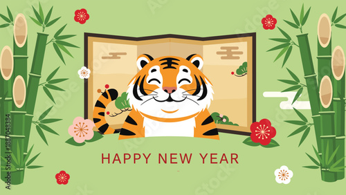 Cute tiger illustration for lunar new year celebrations surrounded by bamboo trees and traditional japanese motifs.