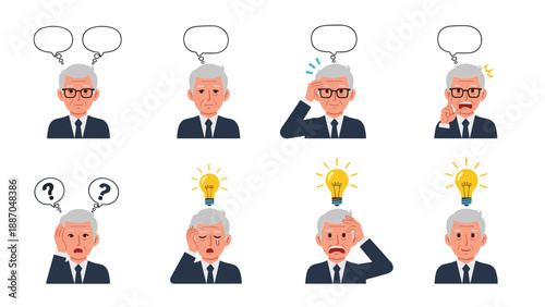 Senior businessman shown in multiple emotional and mental states including confused, sad, crying, and having a bright idea.