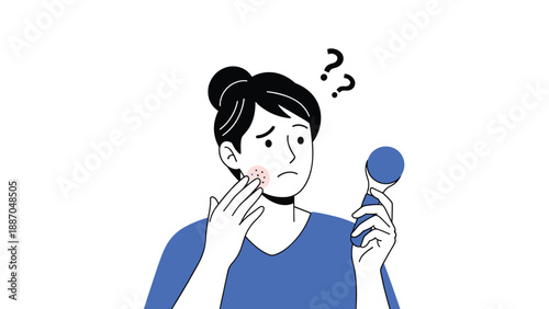 Concerned young woman looking at her skin blemishes and holding a skincare device with a question mark above her.
