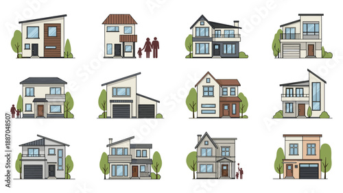 Comprehensive collection of modern two-story residential house designs in various architectural styles for real estate use.