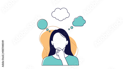 Silhouette of a woman in deep thought with various thought bubbles and abstract shapes representing brainstorming, ideas, and contemplation.