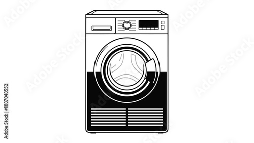 Vector illustration of a modern front loading washing machine appliance in black and white style, showing the drum and control panel details.