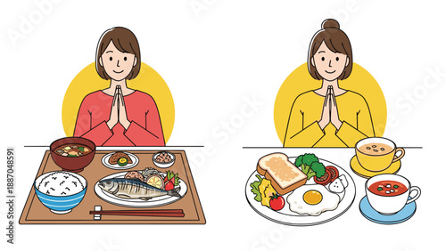 Comparison of two different healthy meal styles featuring a traditional japanese breakfast and a western breakfast with eggs and toast.