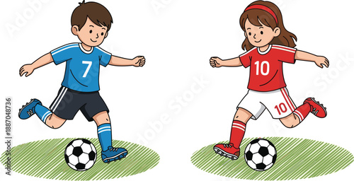 Children playing soccer cartoon illustration, sports activity vector, team match design, black white athletic clipart artwork