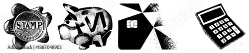 Vintage Postage Stamp, Piggy Bank, Credit Card, and Calculator in Halftone Style