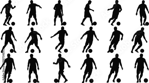 Football player silhouettes set showing dribbling moves and training actions sport motion vector illustration isolated on white background