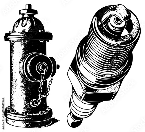 Fire Hydrant and Spark Plug Vector Illustration Set