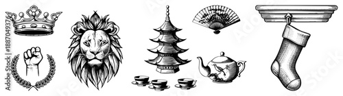 Vintage Inspired Set Featuring Crown, Lion,, Fan, Teapot, and