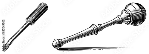 Vintage Screwdriver and Ornate Mallet Tools in Classic Art