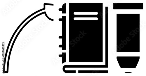 Minimalist Black Art of Book, Pen, and Curved Arrow Set