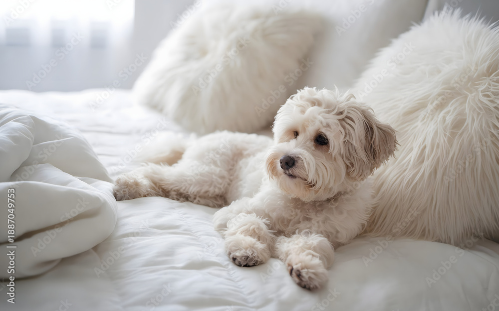 Fototapeta premium Fluffy&nbsp;white dog resting on comfortable bed with pillows