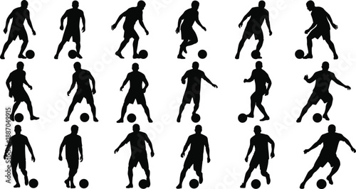 Soccer player silhouette set showing dribbling actions football training poses sport activity vector illustration isolated on white background