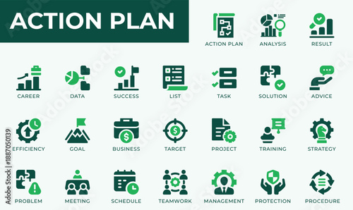 Business Action Plan Solid Icons: chart target checklist