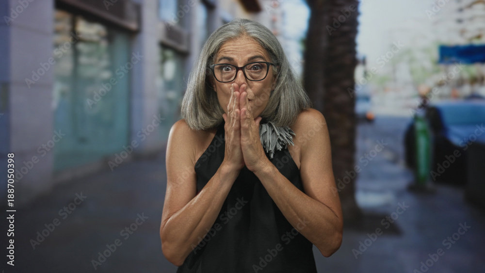 Fototapeta premium Woman with hands pressed together in a pleading gesture on a city street, grey hair and glasses visible; hope plea.
