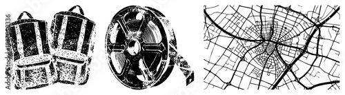 Vintage Film Reel and Backpacks with Urban Map Vector Illustration