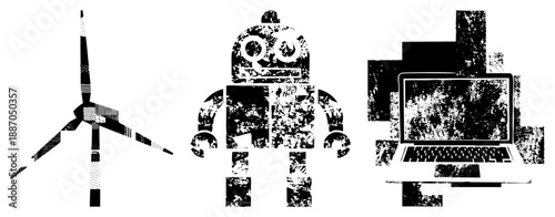 Grunge Styled Wind Turbine, Robot, and Laptop Vector