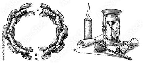 Broken Chain Symbolizing Next to Timekeeping Scrolls and Candle