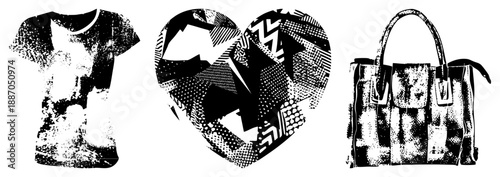 Graphic T Shirt, Heart, and Handbag in Bold Halftone Vector Design