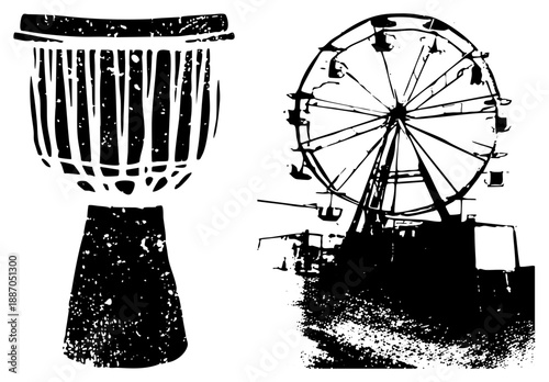 Djembe Drum and Ferris Wheel Silhouettes in Grunge Vector Art