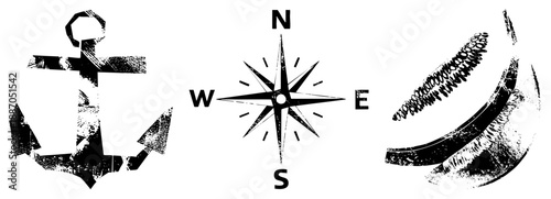 Nautical Symbols Featuring Anchor Compass and Shark Jaw