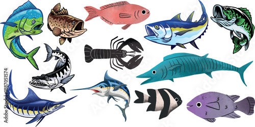 Vector Illustration Set of Various Fish Species Including Trout Bass and Marlin for Fishing Logos Outdoor Designs and Apparel
