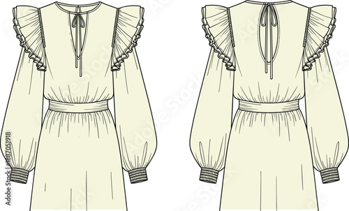 Women midi dress technical fashion illustration with front and back views, featuring ruffled shoulder details, long sleeves, tie neckline, elastic waist, and detailed garment flat design isolated 