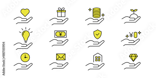 Gift box, Gift, surprise, Money, Cryptocurrency, light bulb, Bright glowing lightbulb, shield, protect shields, Safe house, Real Estate, healing crystal, Financial services on lineal Yen icon vector.