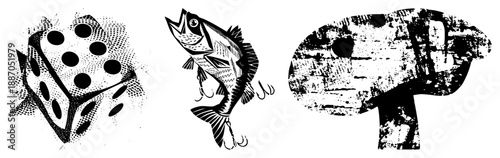Vintage Halftone Dice, Fishing Hook Fish, Weathered Mushroom Vector