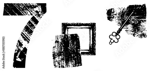 Vintage Number Seven, Ornate Frame, and Antique Key Vector Set