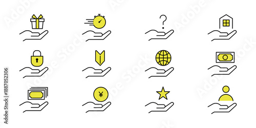 Hand holding ask, problem, Question, star,  User profile icon, shield, Risk coverage sign, Yuan, payment symbol, globe, web, Save planet, Security and protection icon vector illustration. 