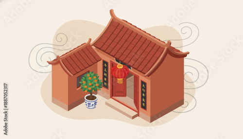 Traditional Chinese house with tiled roof and lantern