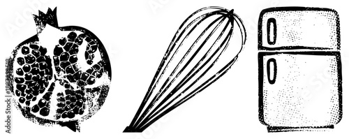 Halftone Kitchen Pomegranate, Whisk, Refrigerator Vector Set