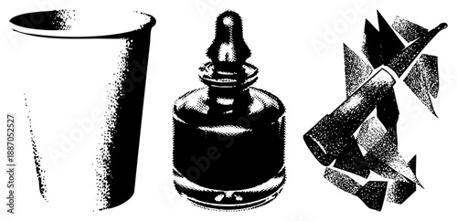 Vintage Inkwell, Glass Dropper Bottle, and Feather Quill Pen Set