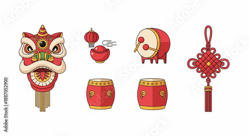 Chinese lion dance elements with drums and lanterns