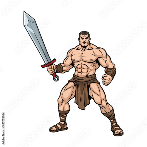Muscular warrior holding sword in fighting stance