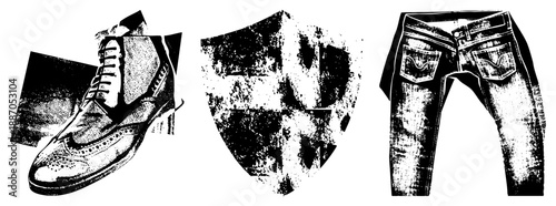 Vintage Boot, Distressed Shield, and Classic Jeans in Halftone Vector Style