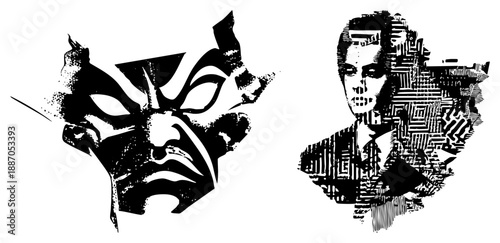 Stylized Theater Mask and Dystopian Figure in Bold Graphic Design