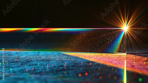 Prism refracts light into a spectrum of colors, creating a vibrant rainbow effect on a textured surface