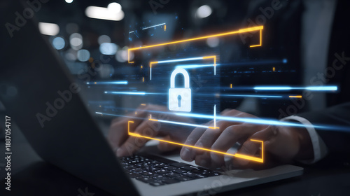 Cybersecurity data protection cyber attack network security online privacy digital lock glows over laptop as person types, abstract lines suggest secure connection and modern technology defense