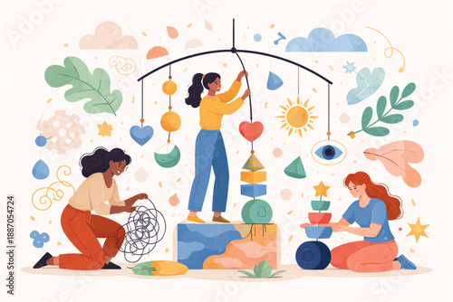 Women creating harmony from chaotic abstract elements in balanced modern composition