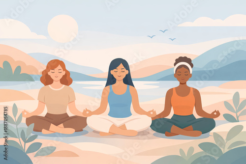 Women meditating together in calm abstract landscape with peaceful colors and gentle motion