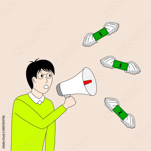 A man is yelling into a microphone while holding a bunch of money