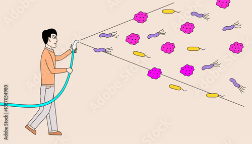 man is spraying a bacteria and trying to chase virus far away .