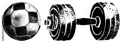 Classic Soccer Ball and Dumbbell Fitness in Halftone Vector Design