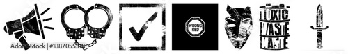 Grunge Styled Set Featuring Megaphone, Handcuffs, Checkmark, and Toxic Waste Symbols