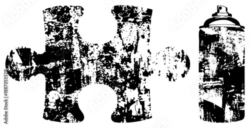 Grungy Puzzle Piece and Spray Can Vector Illustration