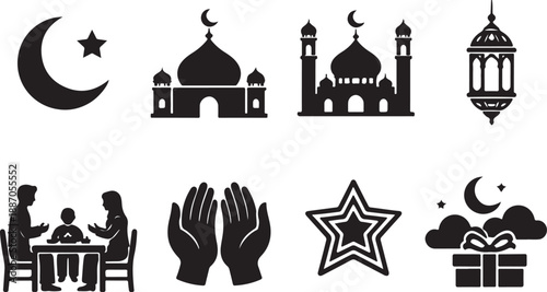 Set of 8 Black and White Islamic Religious Vector Icons