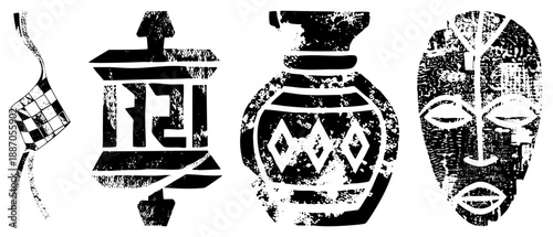 Four Stylized Cultural Symbols with Textured Black and White Vector Art
