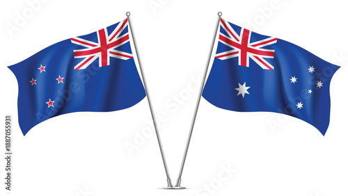 High Quality background with Two Standings Wavy Flags of Australia and New Zealand